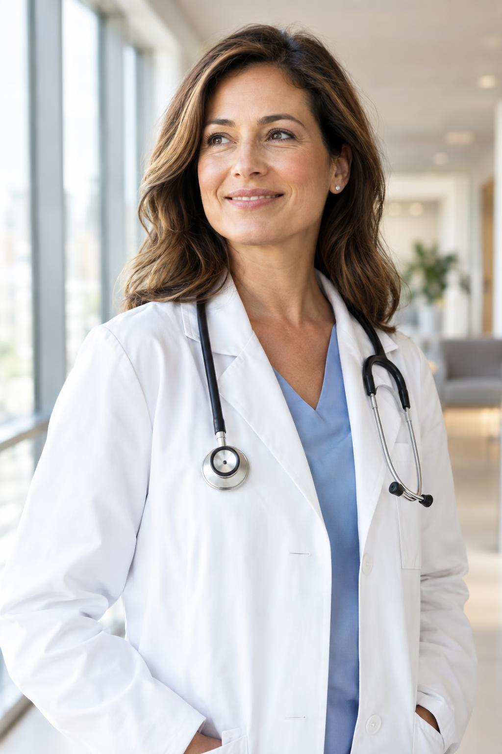 Physician in a white coat in a bright clinic corridor