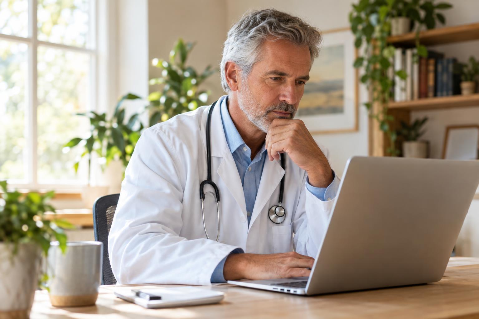Physician reviewing a case on a laptop at a home office desk