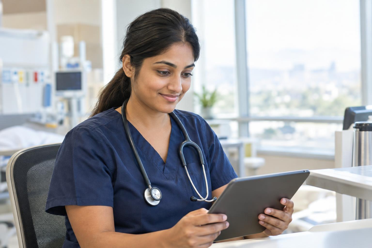Nurse practitioner reviewing a case on a tablet