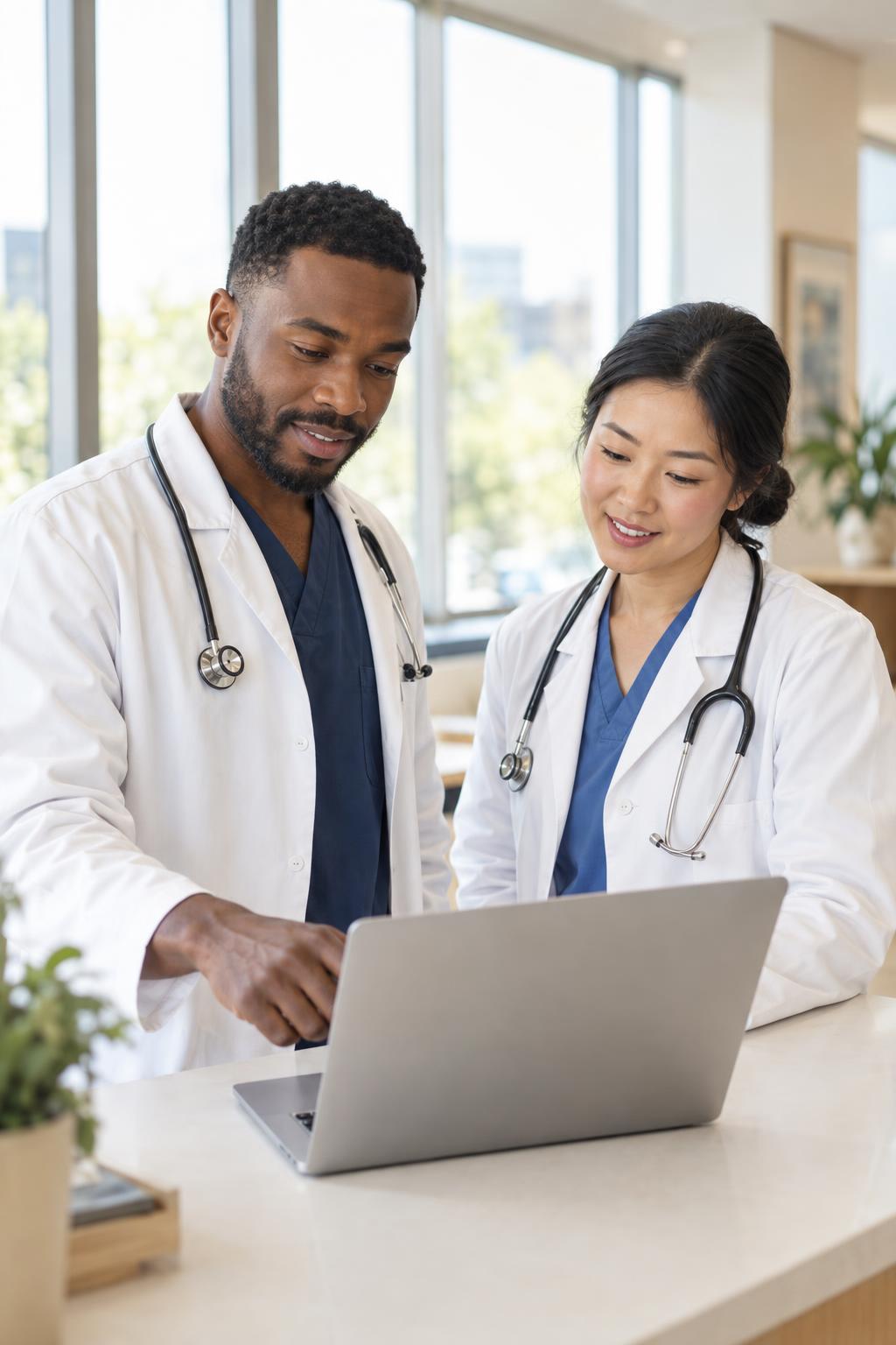 Two physicians reviewing a case together on a laptop